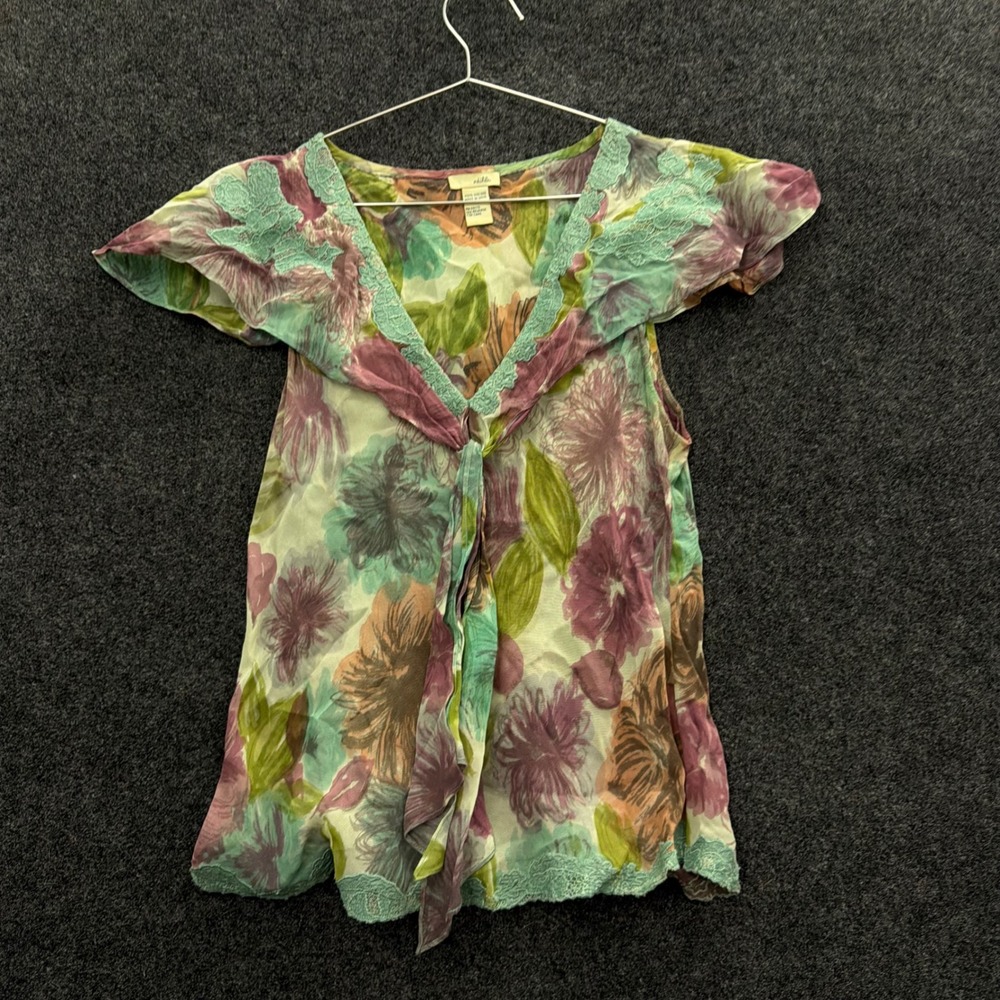 Odille Anthropologie Floral Lace Trim Blouse Green Purple Vintage Viscose Top
